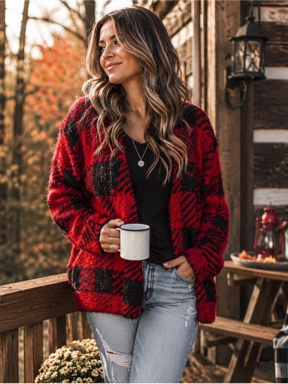 August Silk Feathered Buffalo Plaid Open Buffalo Check Cozy Soft Cardigan Large
